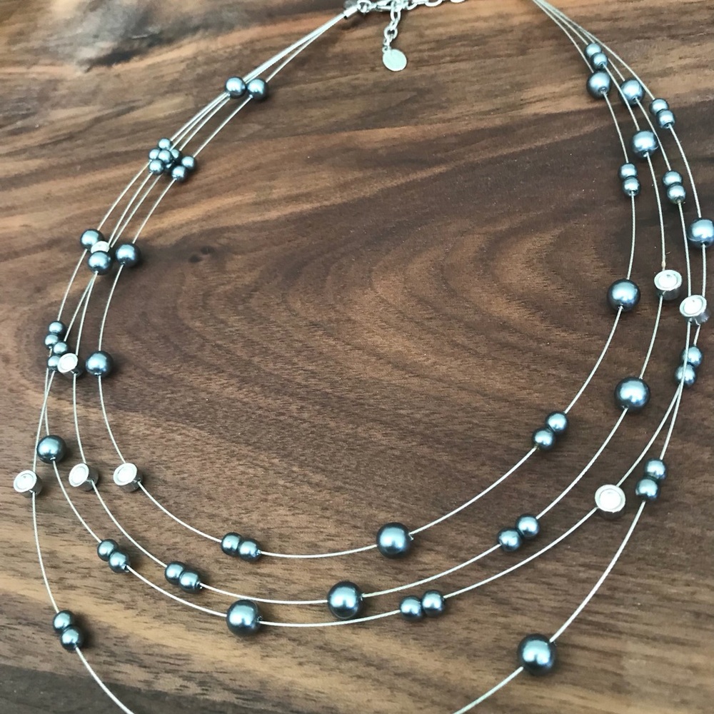 Vintage Nolan Miller Multi Strand Illusion Necklace Black Pearl Glam 18” + 3”